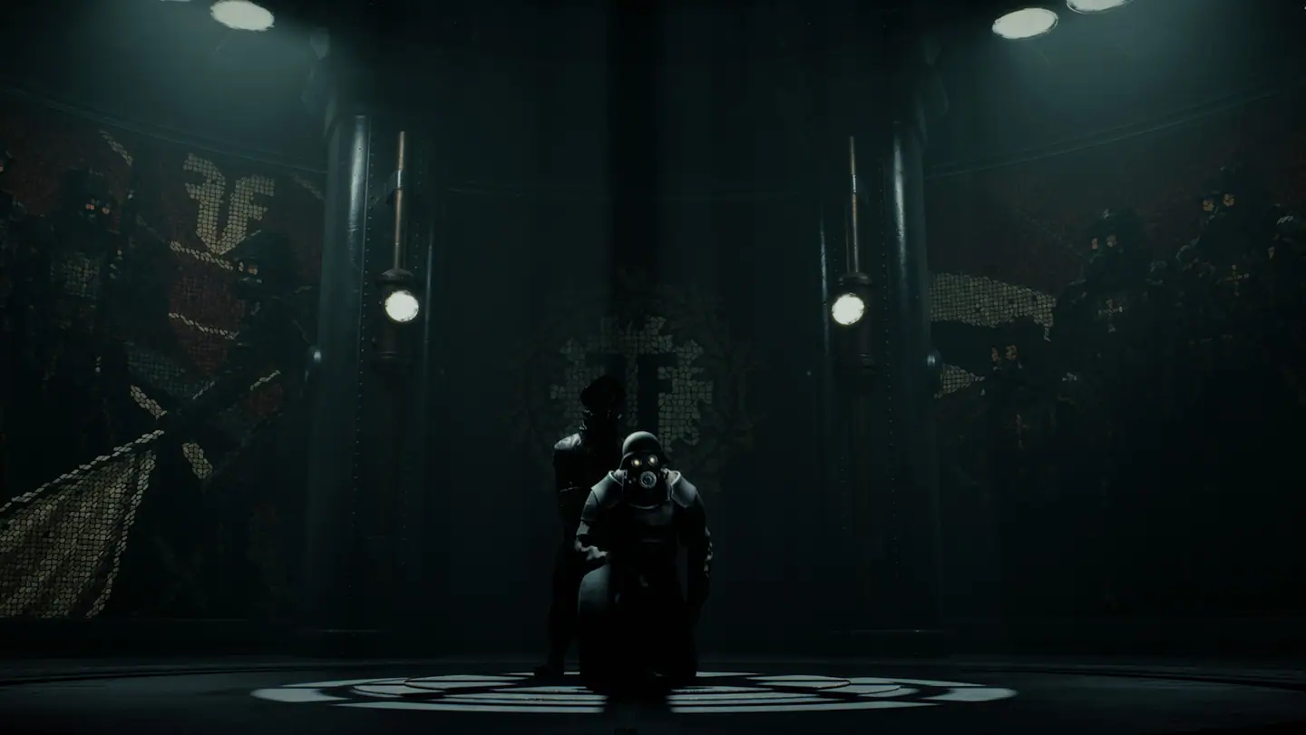 Gas-masked soldier kneeling beneath an emblem in a shadowed bunker